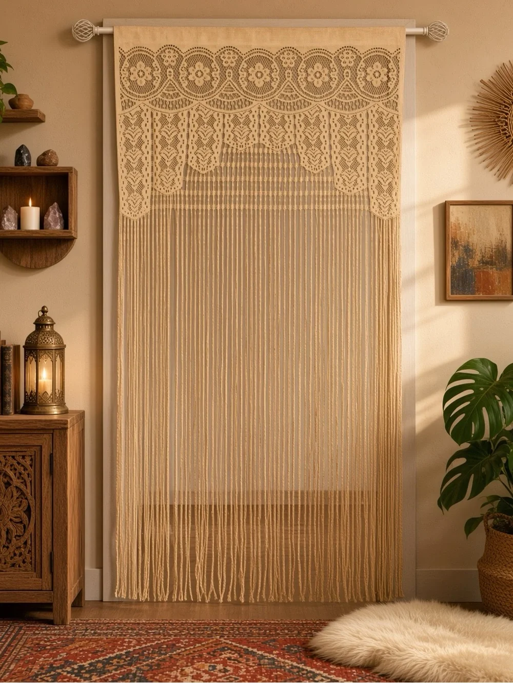 Bohemian Macrame Fringe Curtain Panel - Beige 39”x79”  lightweight  NEW